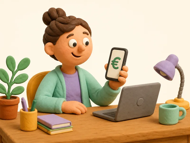 Illustration — personne souriante tenant son téléphone affichant un symbole euro, travaillant sur un ordinateur dans un décor chaleureux de style pâte à modeler