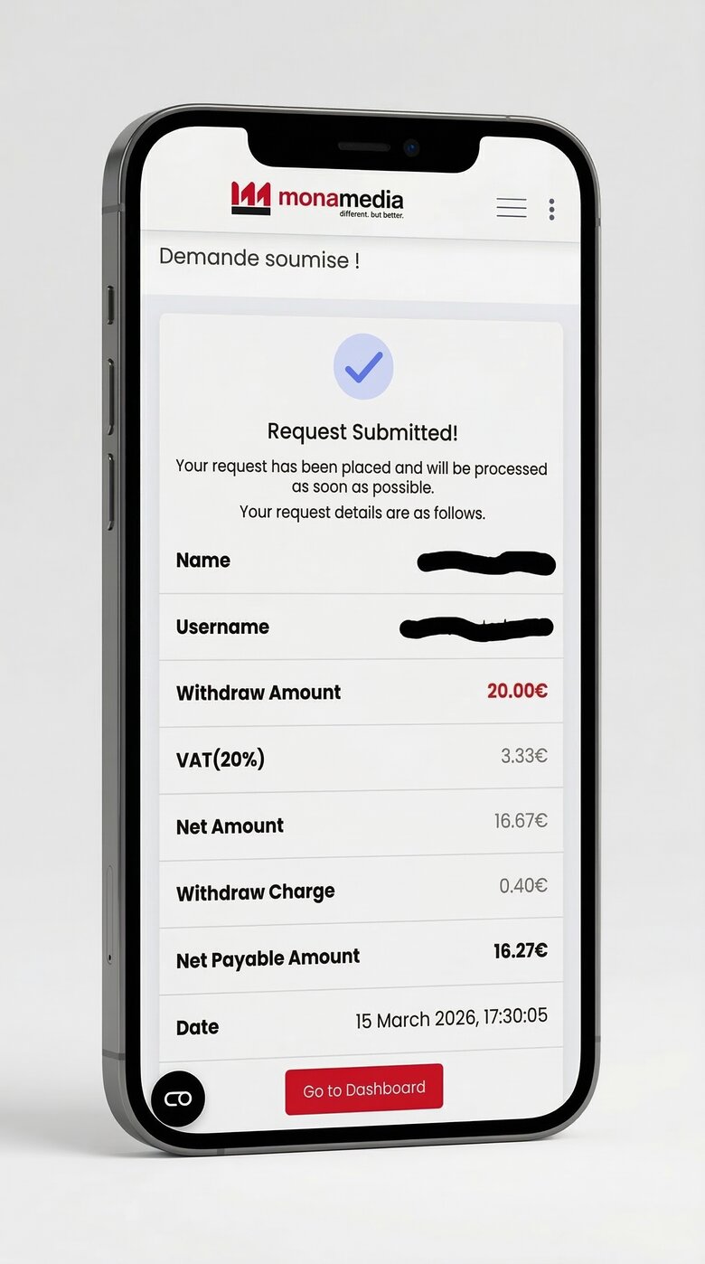 Confirmation de demande de paiement MonaMedia